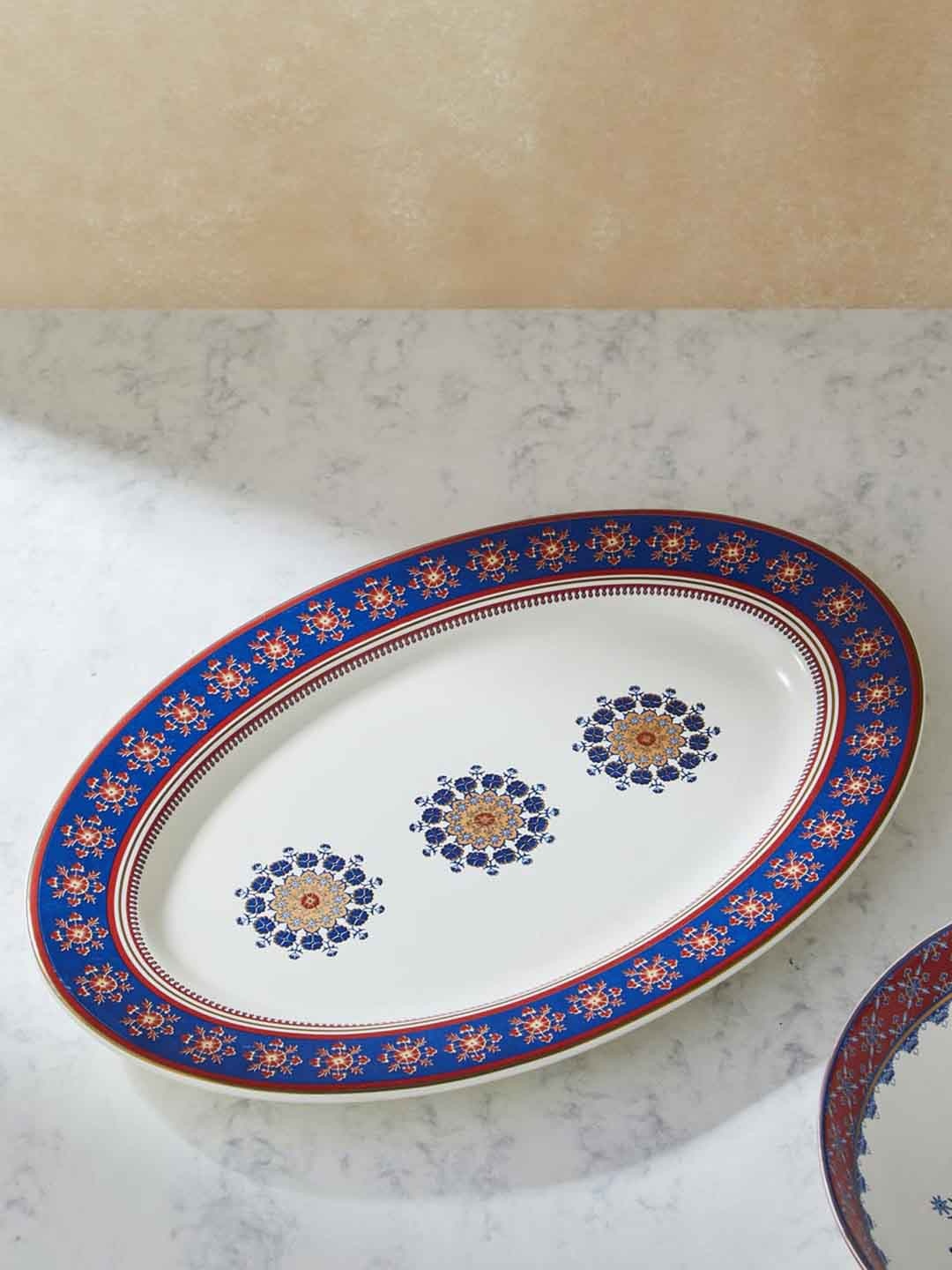 

Fabindia Falak Whit & Blue Printed Large Ceramic Oval Platter, White