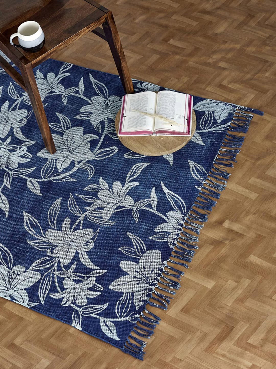 

Fabindia Blue Floral Self-Design Cotton Dhurries