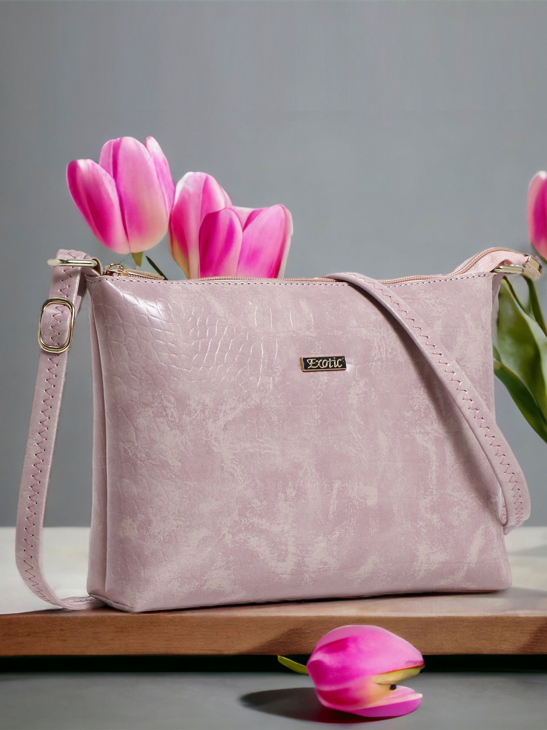 

Exotic Animal Textured Structured Sling Bag, Pink