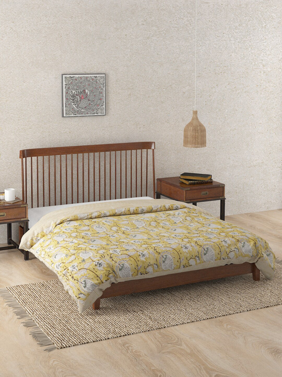 

Fabindia Yellow & White Floral Mild Winter Cotton Single Bed Quilt