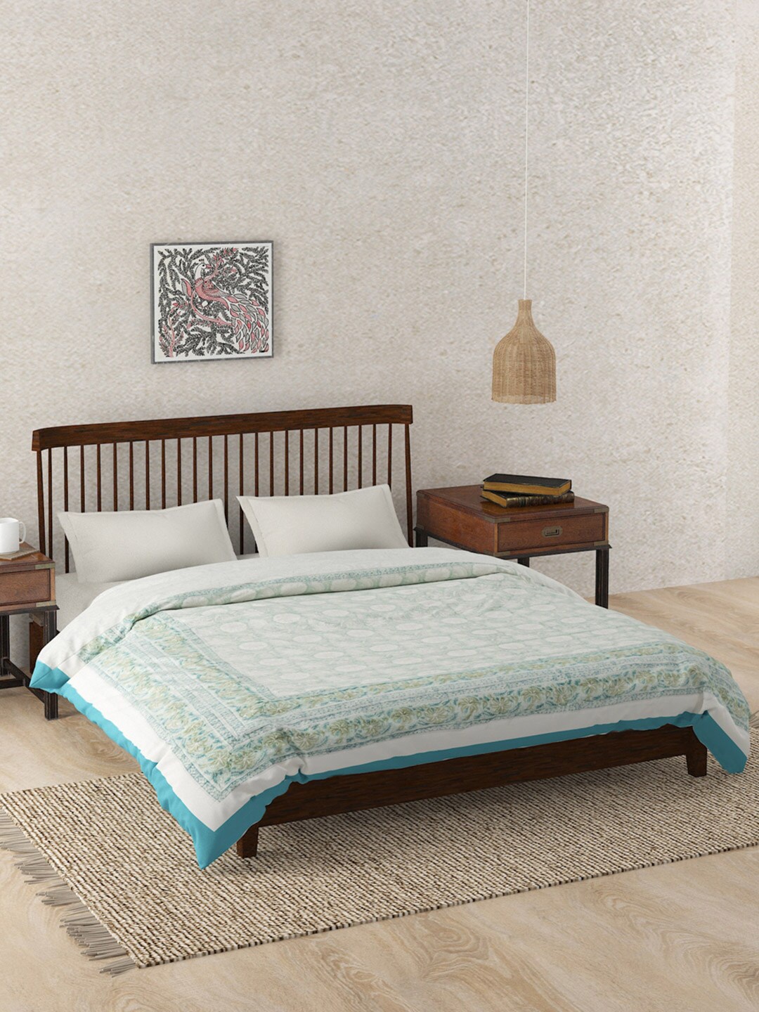 

Fabindia Teal & White Ethnic Motifs Mild Winter Cotton Single Bed Quilt