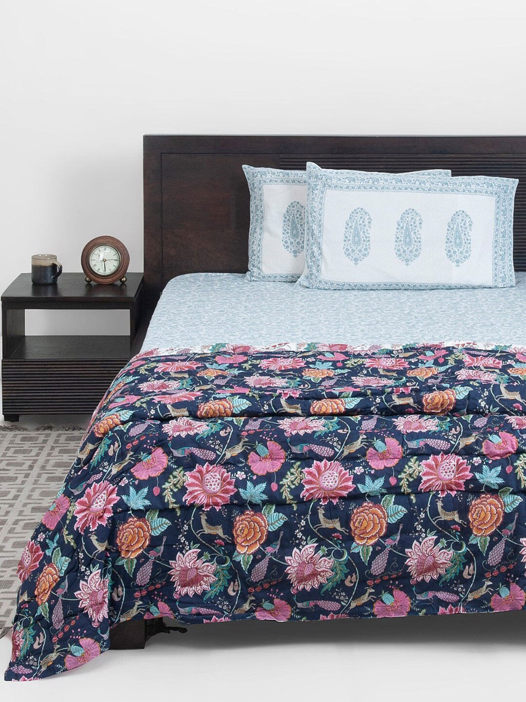 

Fabindia Blue & Pink Floral Mild Winter Cotton Single Bed Quilt