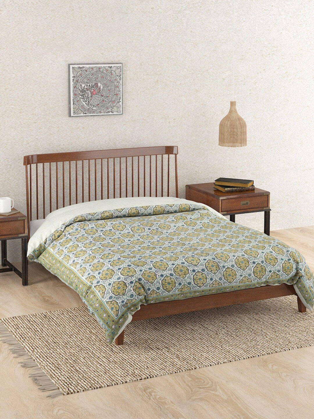

Fabindia Green & White Ethnic Motifs Cotton Mild Winter Double Bed Quilt