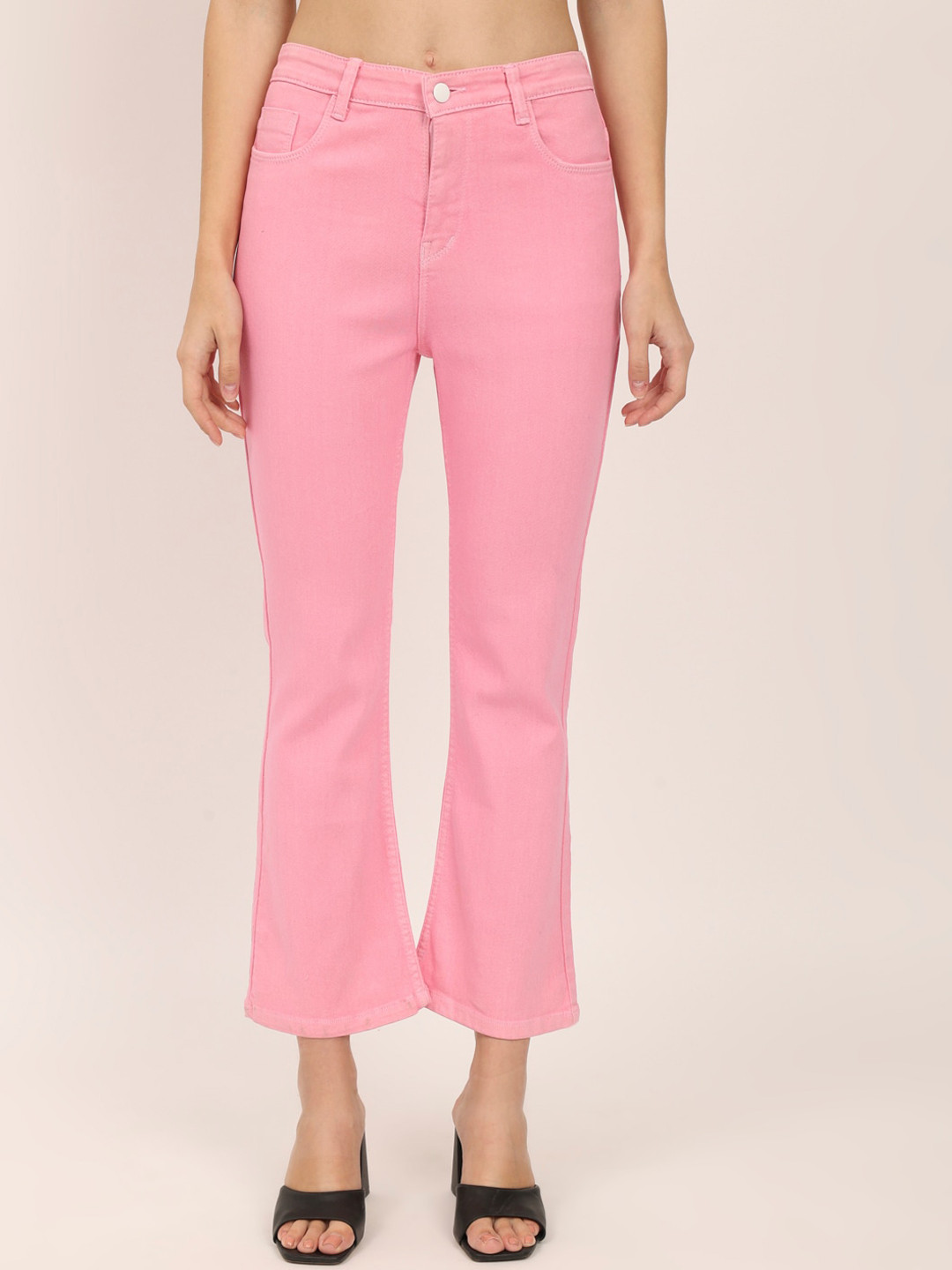 

AngelFab Women Jean Bootcut High-Rise Clean Look Cotton Cropped Jeans, Pink