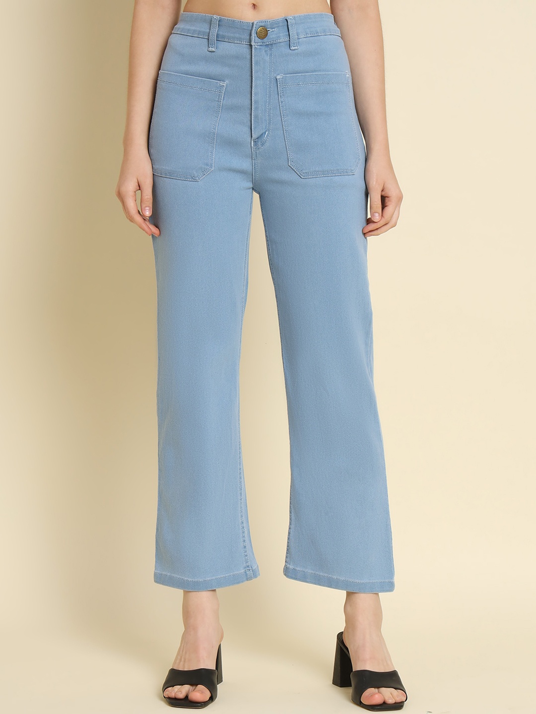 

AngelFab Women Jean Straight Fit High-Rise Clean Look Cotton Cropped Jeans, Blue