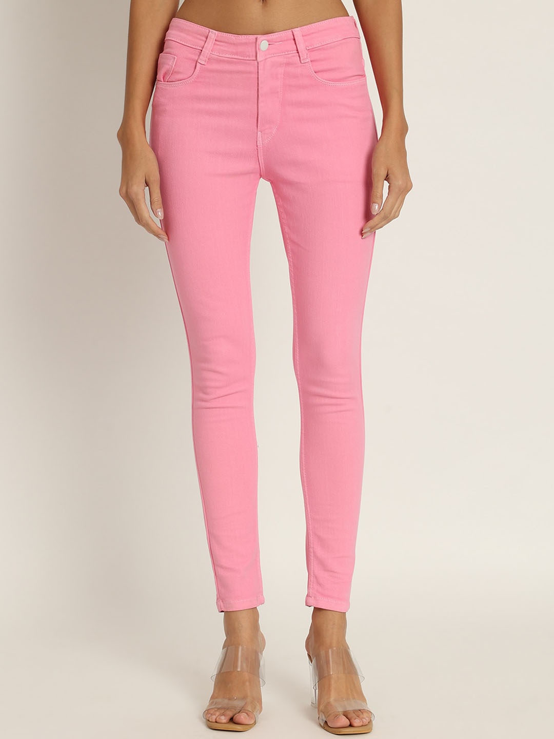 

AngelFab Women Jean Skinny Fit High-Rise Clean Look Cotton Cropped Jeans, Pink