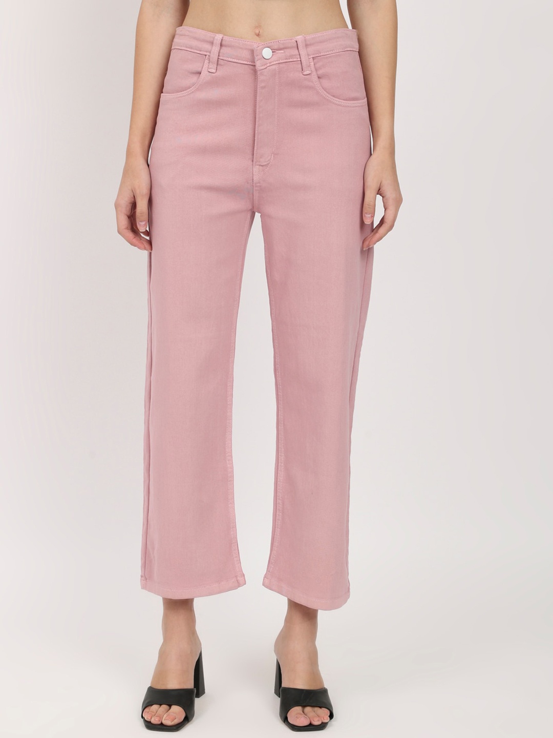 

AngelFab Women Jean Straight Fit High-Rise Clean Look Cotton Cropped Jeans, Pink