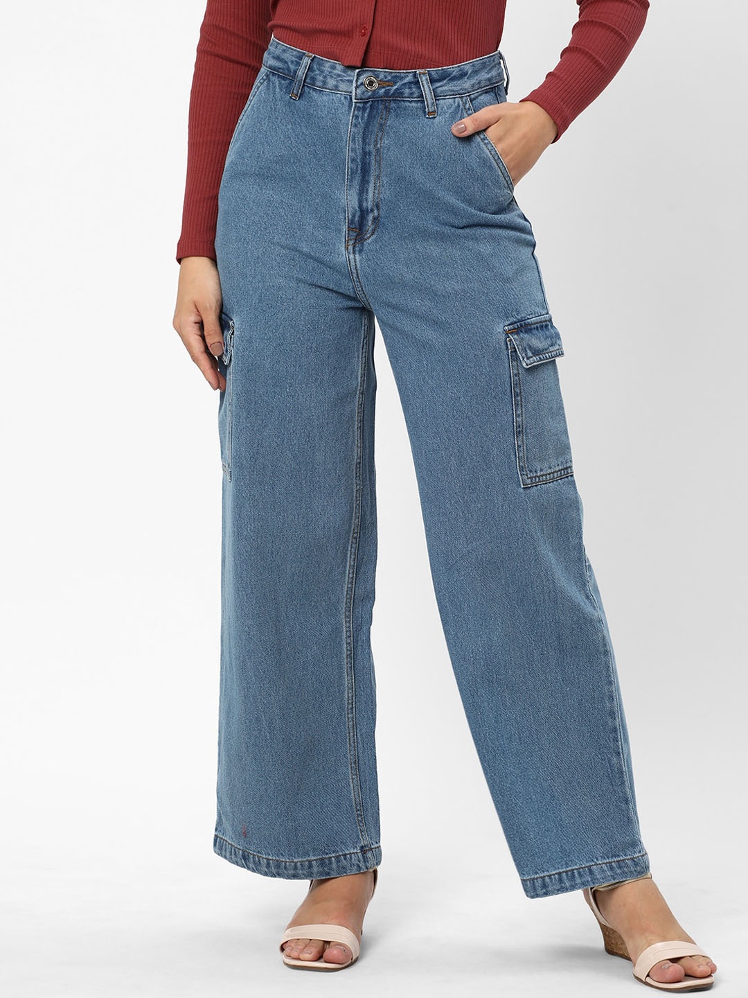 

R&B Women Wide Leg Clean Look Mid-Rise Cotton Jeans, Blue