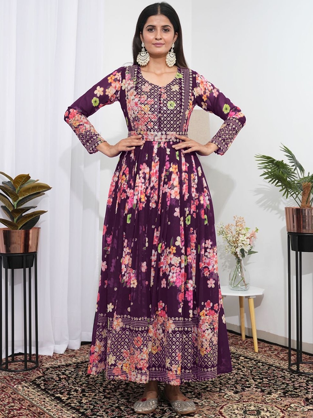 

KALINI Floral Printed Sequinned Fit & Flared Maxi Ethnic Dress, Burgundy