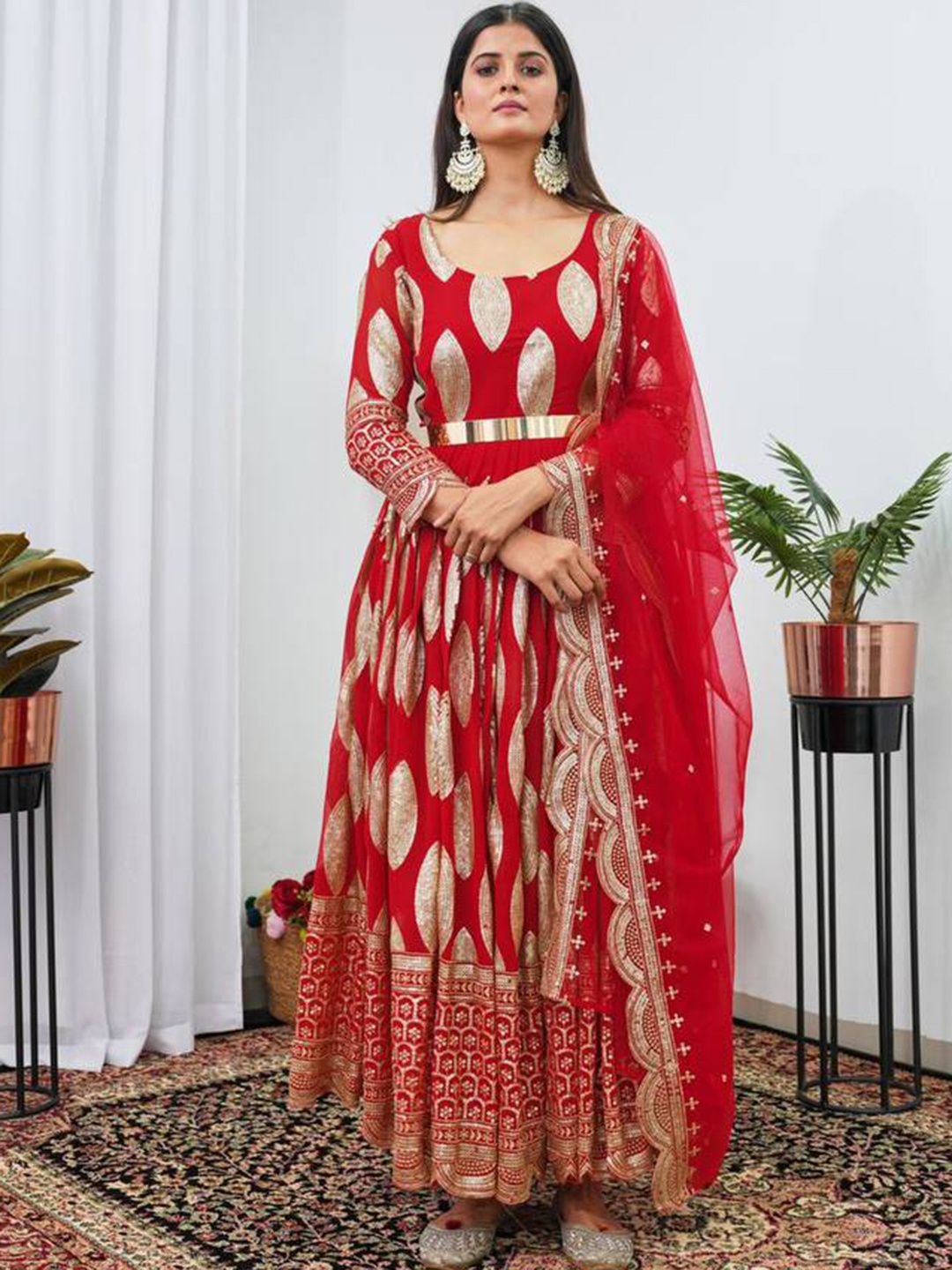 

KALINI Sequin Embellished Fit & Flared Maxi Ethnic Dress With Dupatta, Red