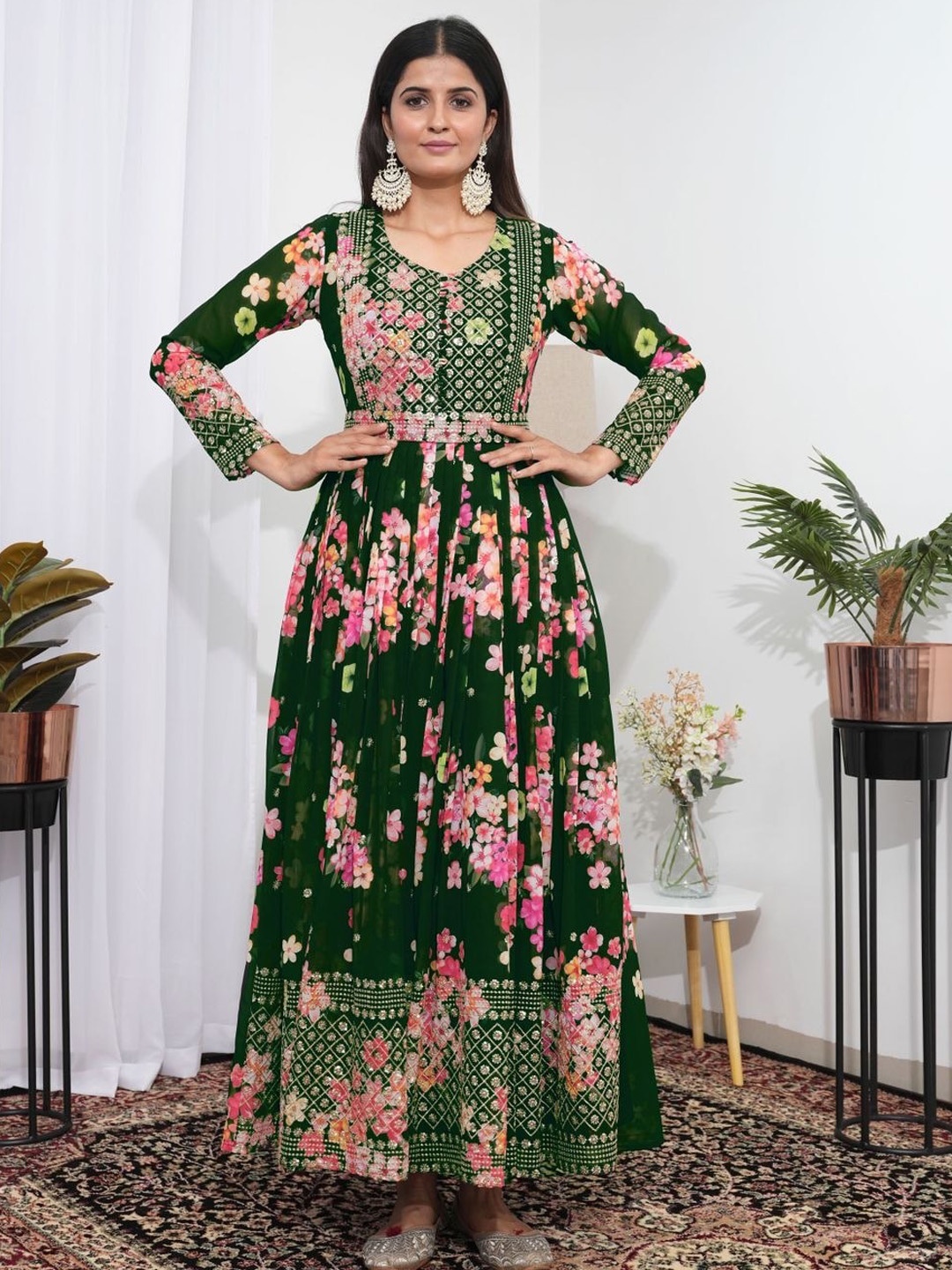 

KALINI Floral Printed Sequinned Fit & Flared Maxi Ethnic Dress, Green