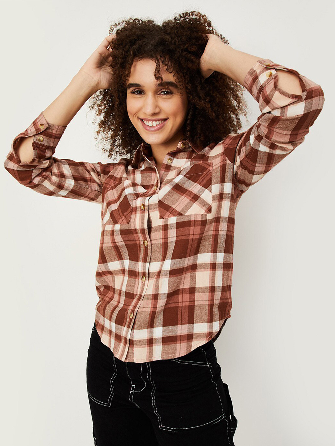 

max Tartan Checks Pure Cotton Casual Shirt, Brown