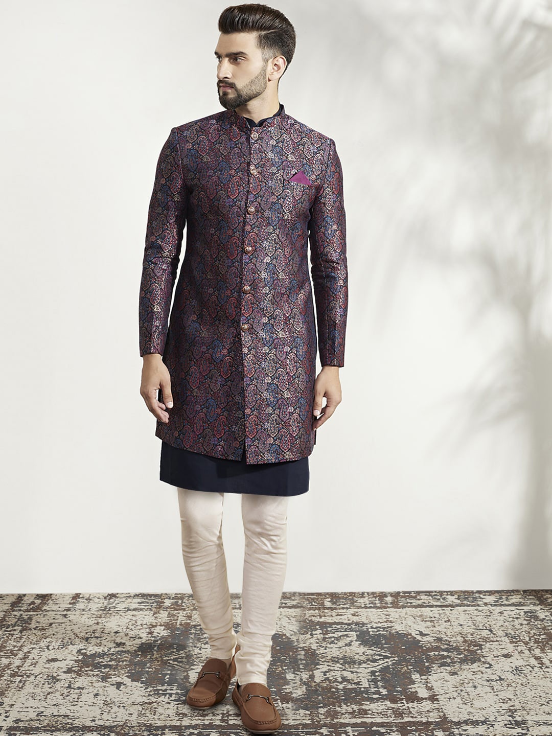 

KISAH Men Self Design Mandarin Collar Indowestern Sherwani Churidar Seet, Multi