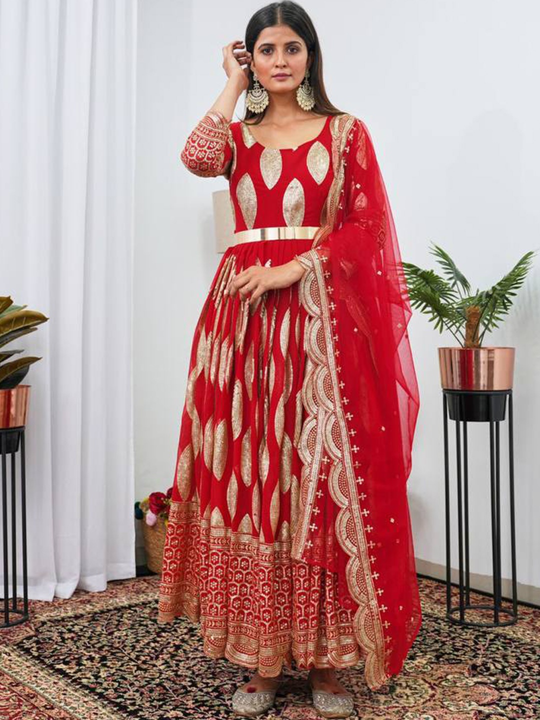 

BLACK SCISSOR Embellished Georgette Maxi Ethnic Gown with Dupatta, Red