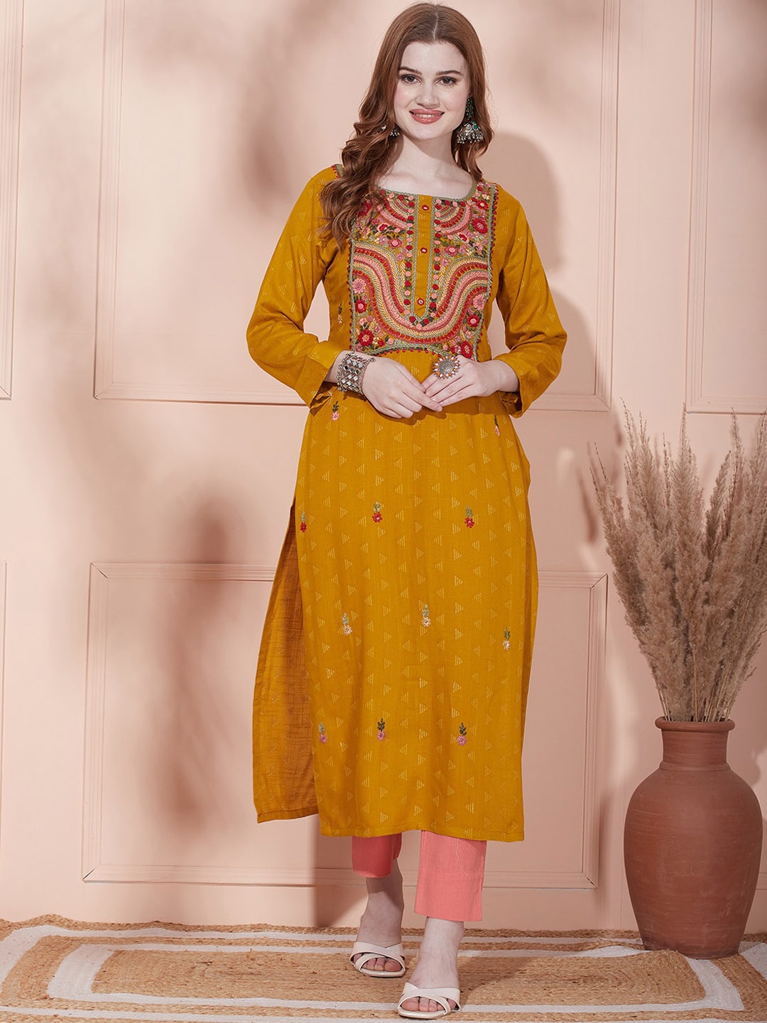 

FASHOR Mustard Yellow Floral Embroidered Round Neck Thread Work Straight Kurta