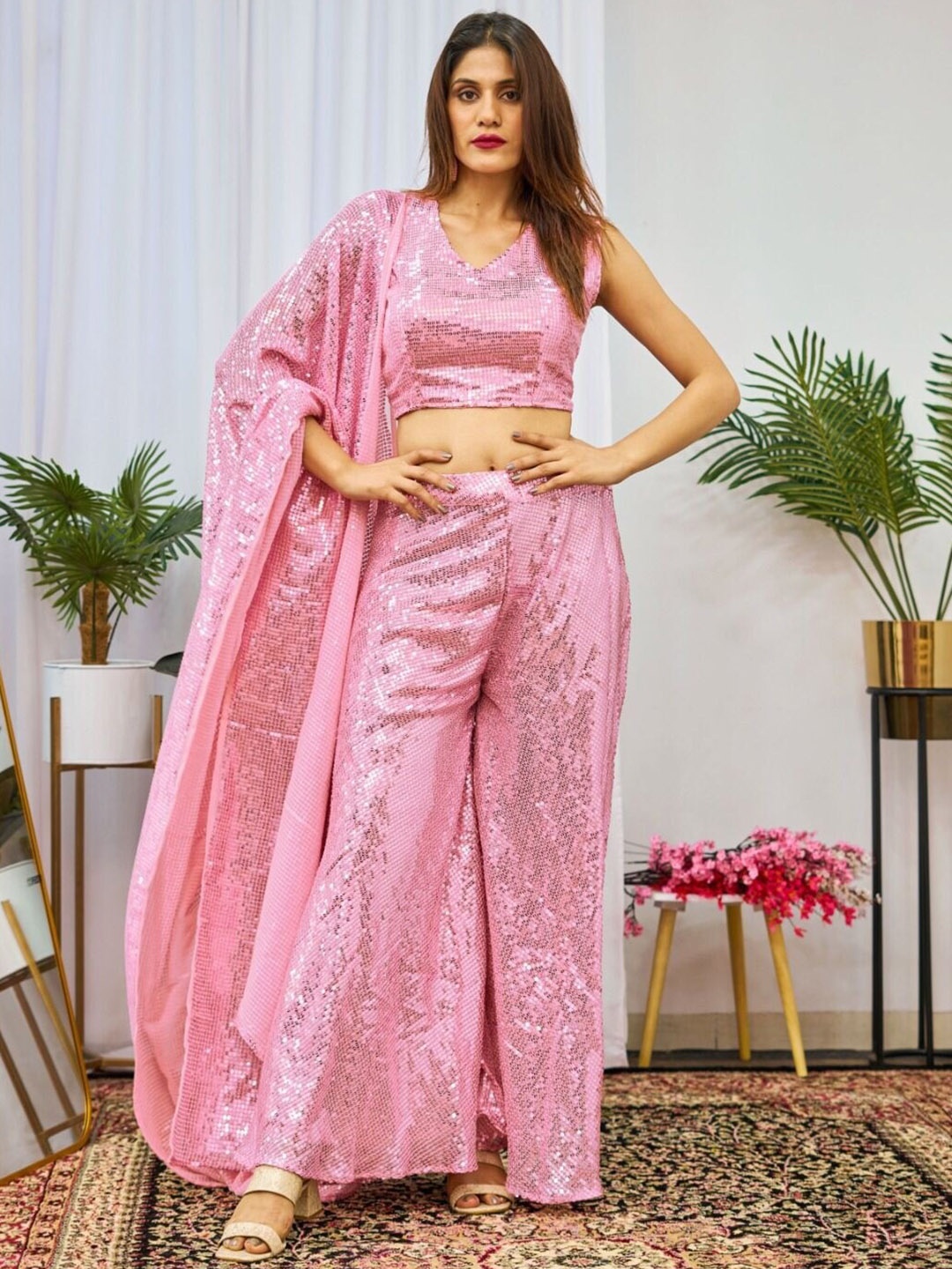 

BLACK SCISSOR Embellished Sequinned Crop Top With Palazzos & Dupatta, Pink