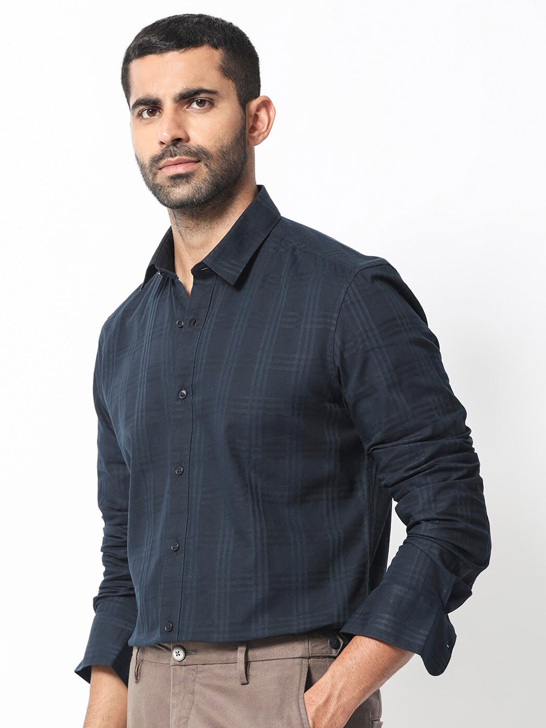 

RARE RABBIT Men Roar Slim Fit Spread Collar Cotton Shirt, Navy blue