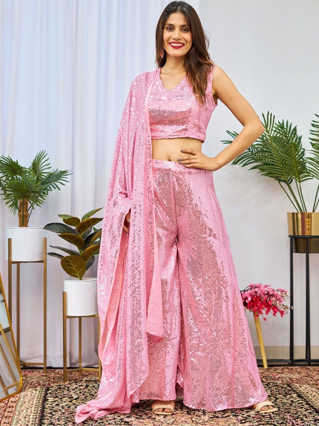 

KALINI Embellished Sequinned Georgette Crop Top With Palazzos & Dupatta, Pink