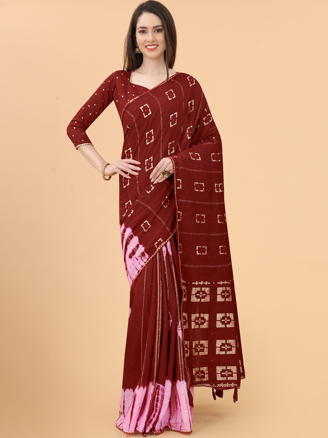 

VEECHIS Geometric Printed Gotta Patti Saree, Maroon