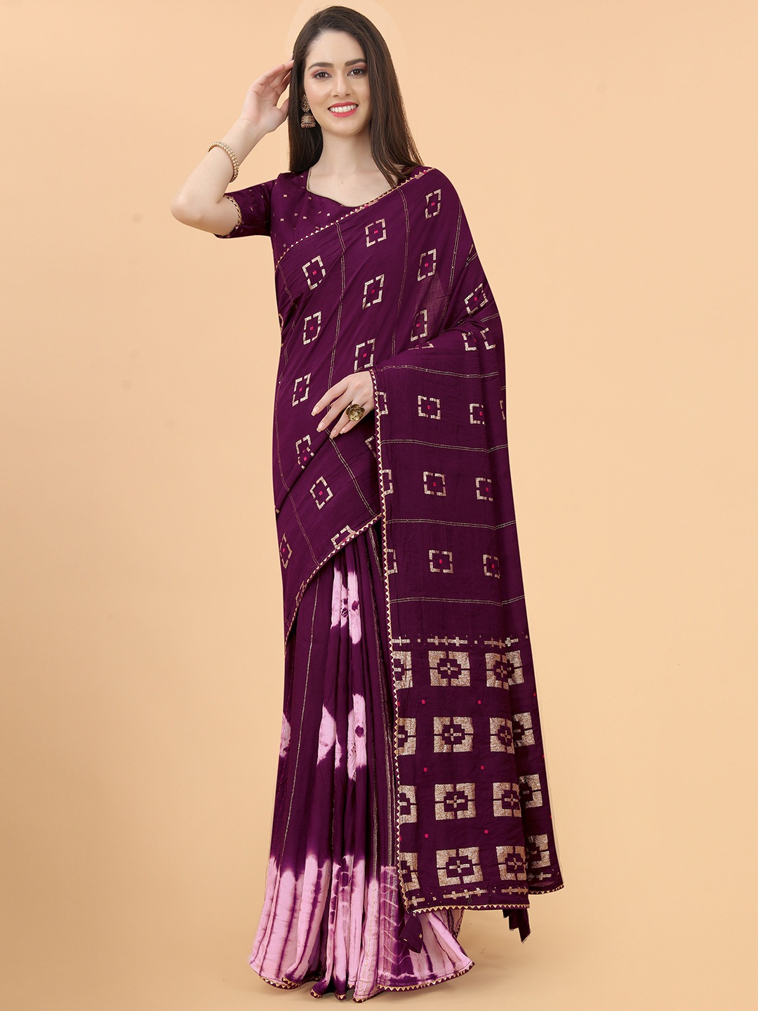 

VEECHIS Geometric Printed Gotta Patti Saree, Purple