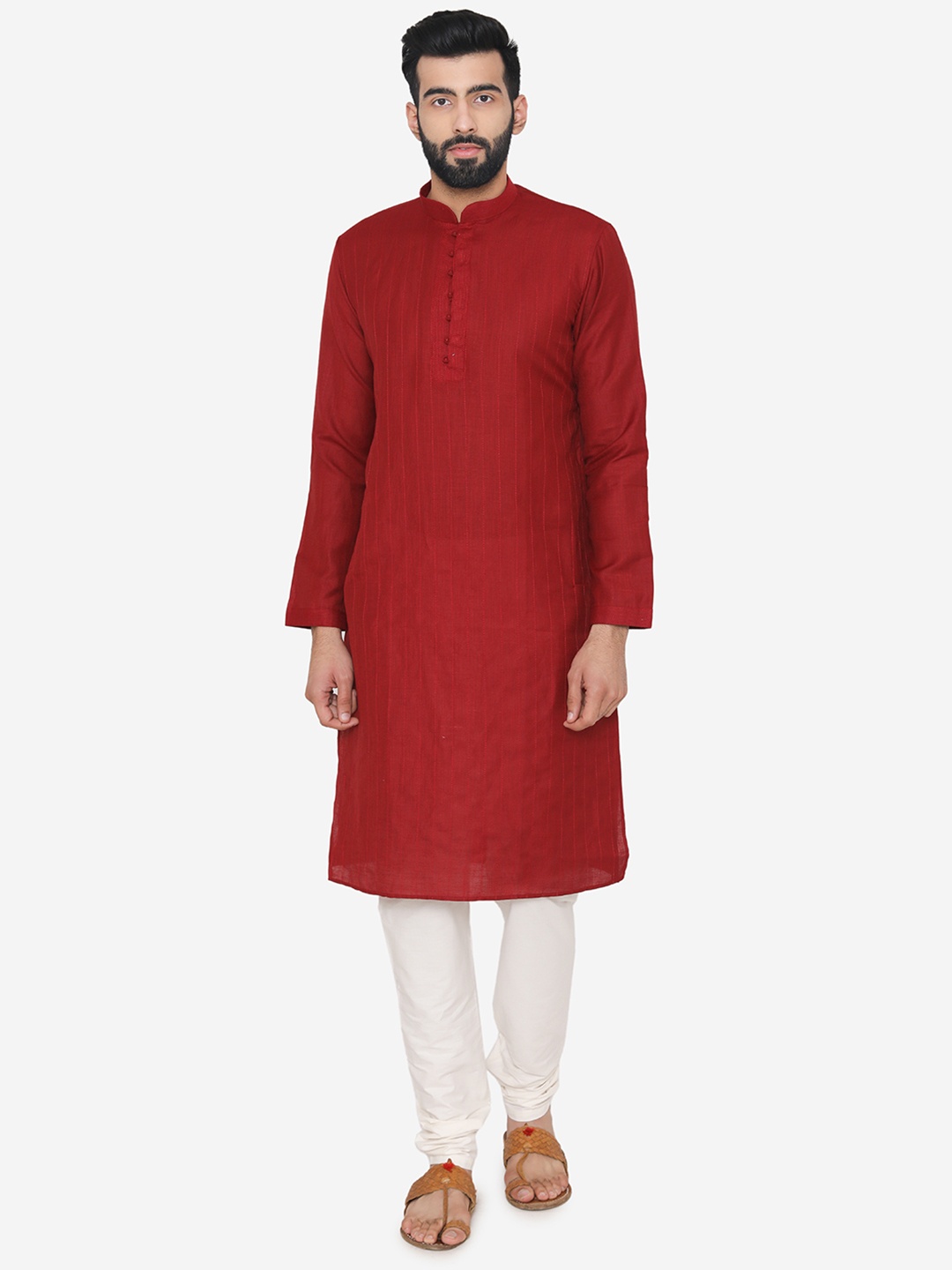 

Manyavar Men Red & Beige Striped Kurta with Pyjamas