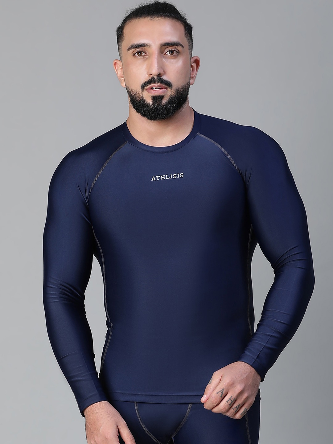 

ATHLISIS Typography Printed Raglan Sleeves Anti Odour Compression T-shirt, Navy blue