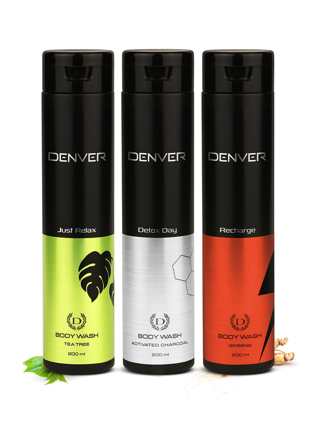 

Denver Set of 3 Body Wash 200ml each - Just Relax + Detox Day + Recharge, Black