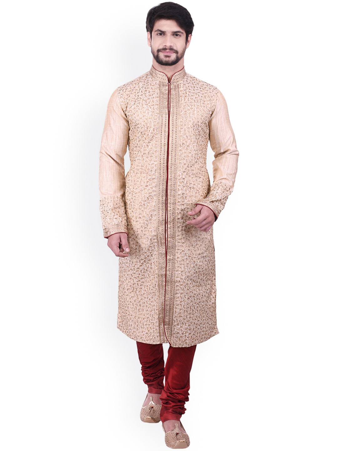 

Manyavar Men Beige & Maroon Self Design Kurta with Pyjamas
