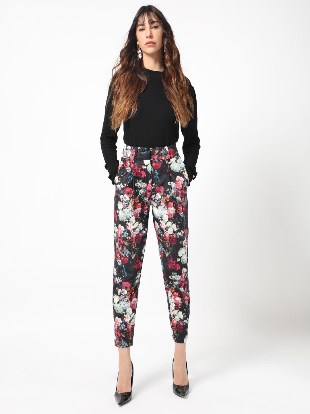 

RAREISM Women Floral Printed Slim Fit High-Rise Trousers, Black
