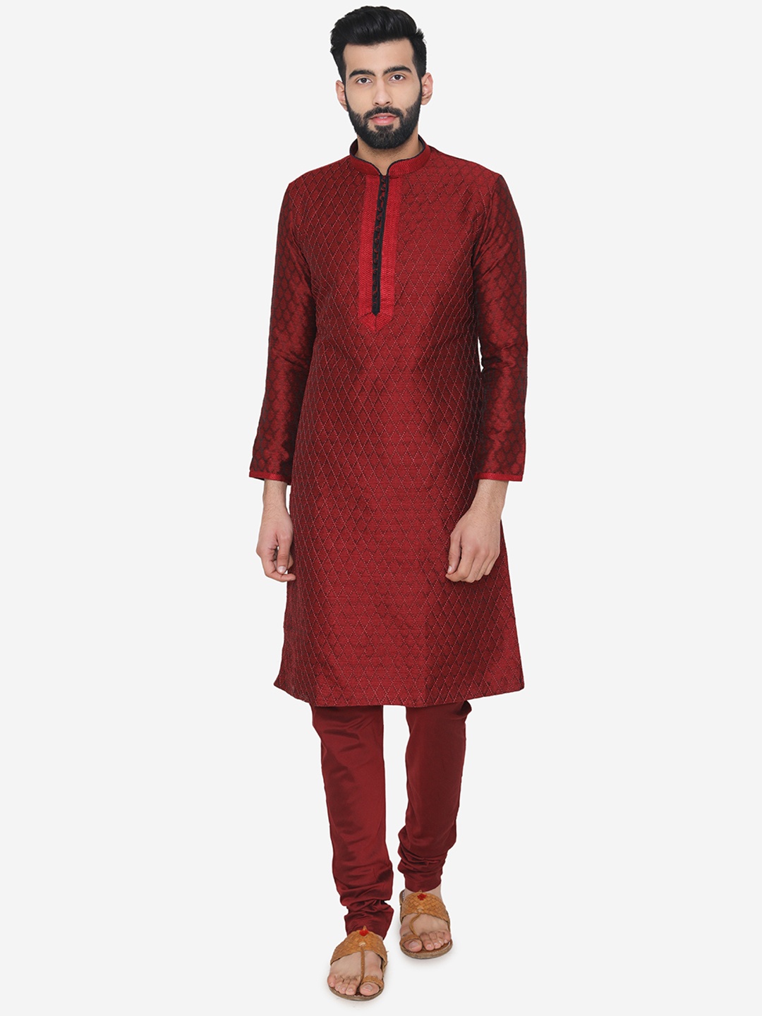 

Manyavar Men Maroon Self Design Kurta with Pyjamas