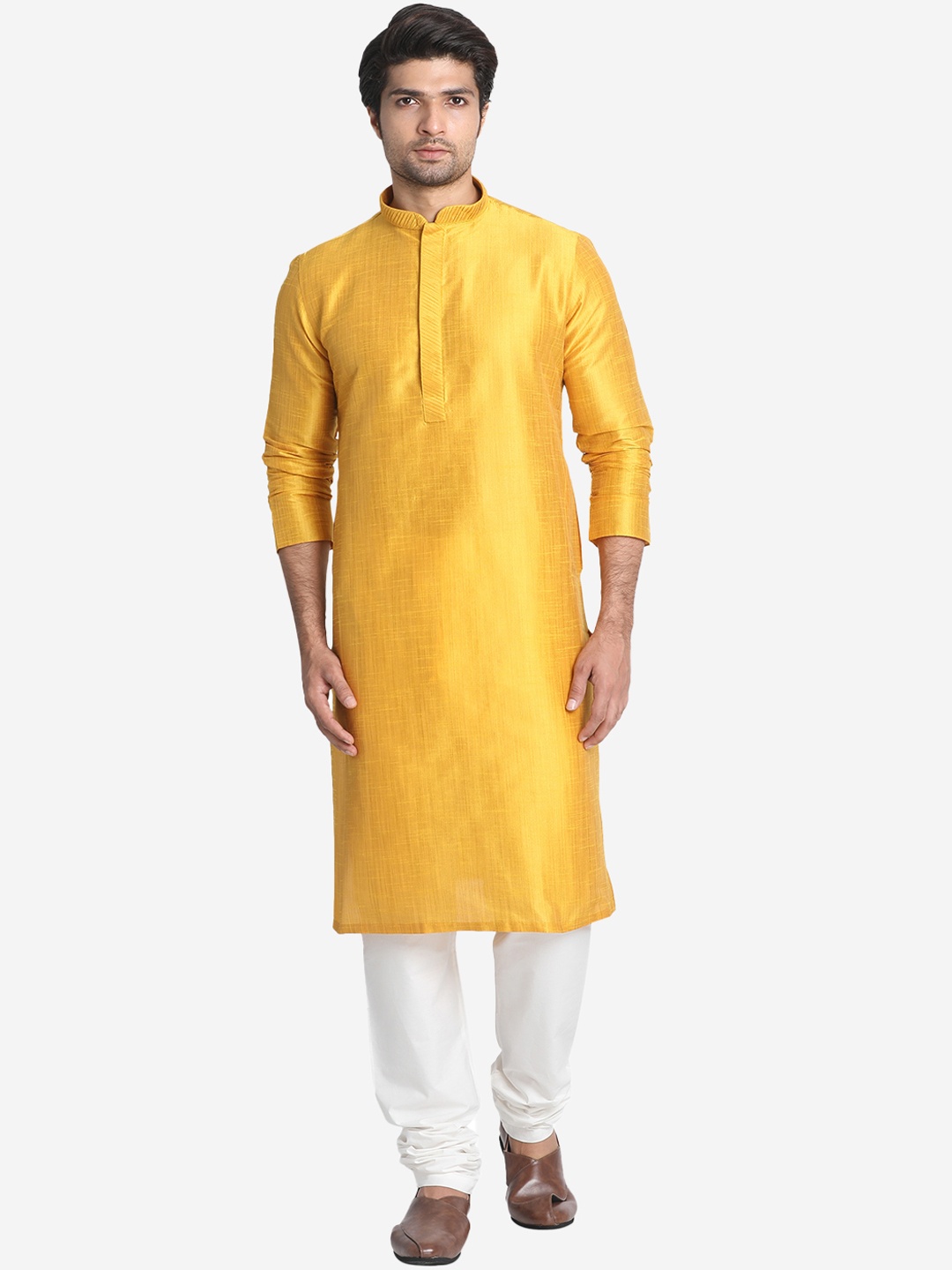 

Manyavar Men Mustard & Beige Self Design Kurta with Churidar