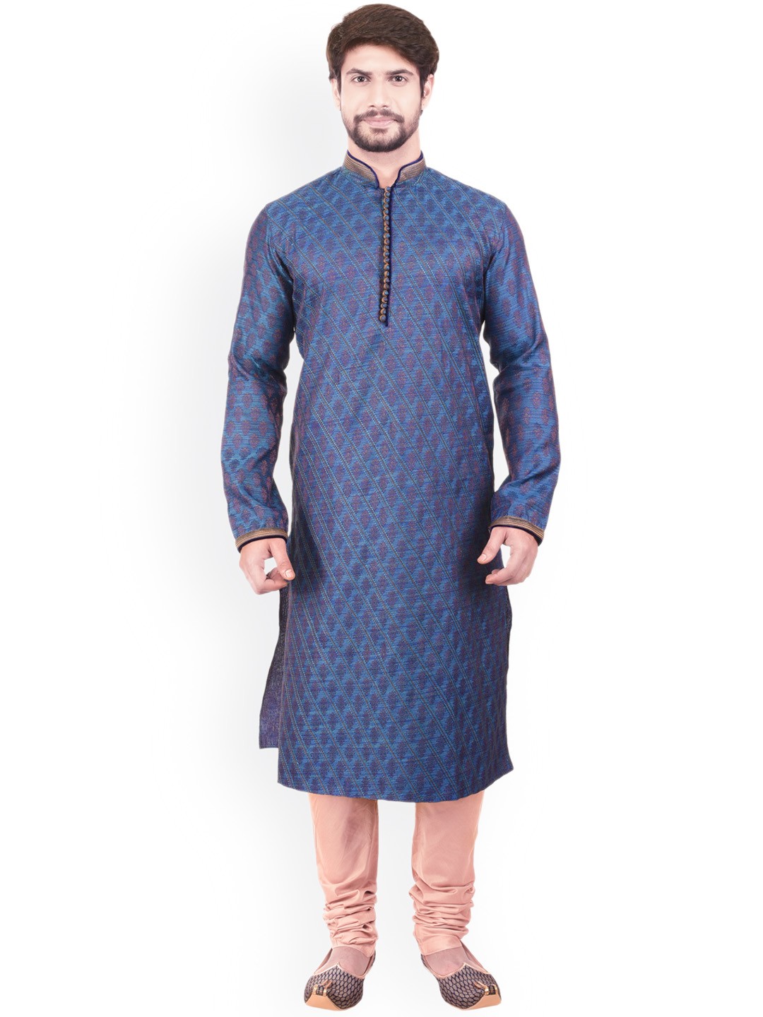 

Manyavar Men Blue & Beige Self Design Kurta with Pyjamas