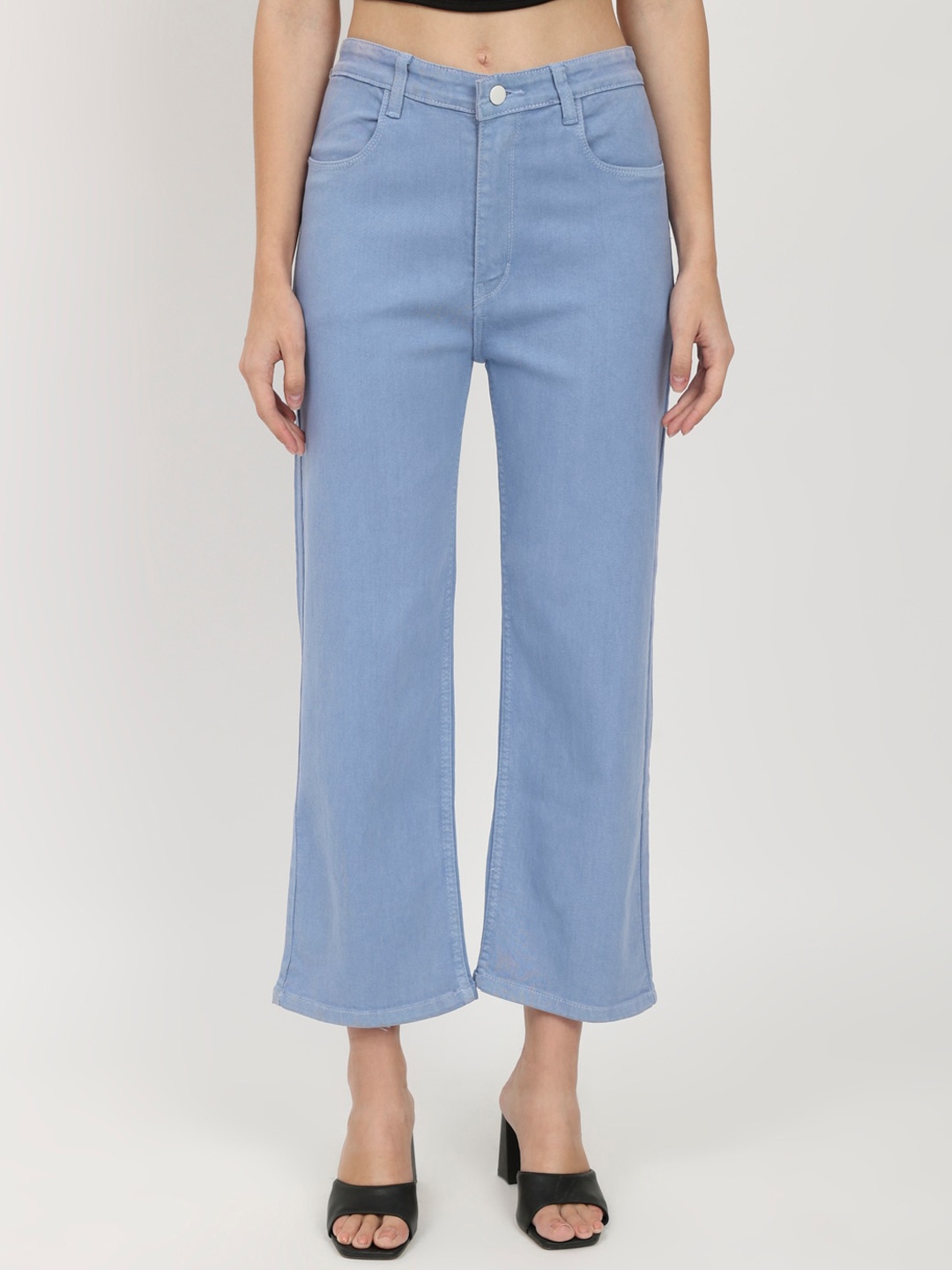 

AngelFab Women Jean Straight Fit Medium Shade High-Rise Clean Look Cotton Cropped Jeans, Blue