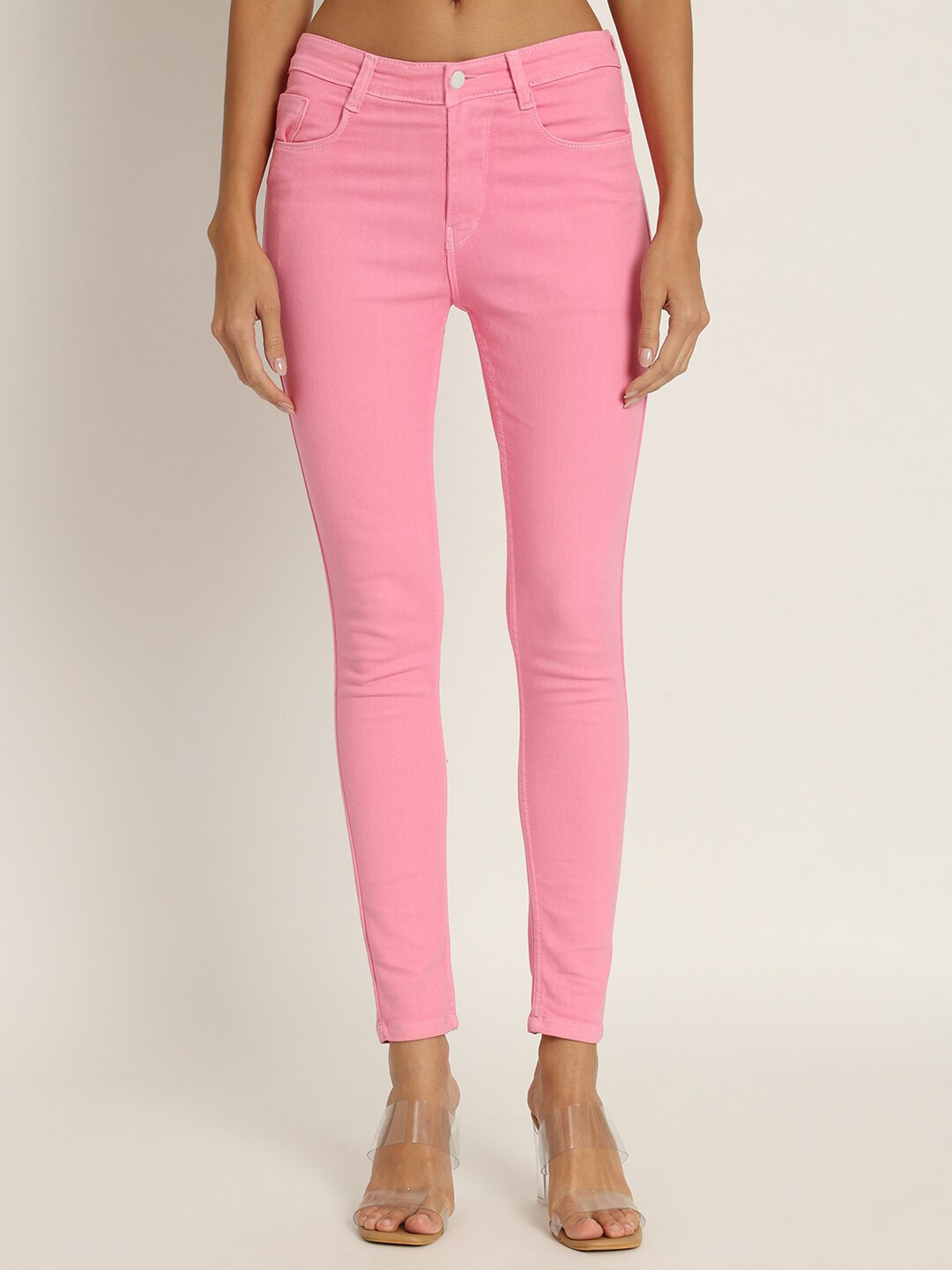 

AngelFab Women Jean Skinny Fit Mid-Rise Clean Look Stretchable Cotton Jeans, Pink