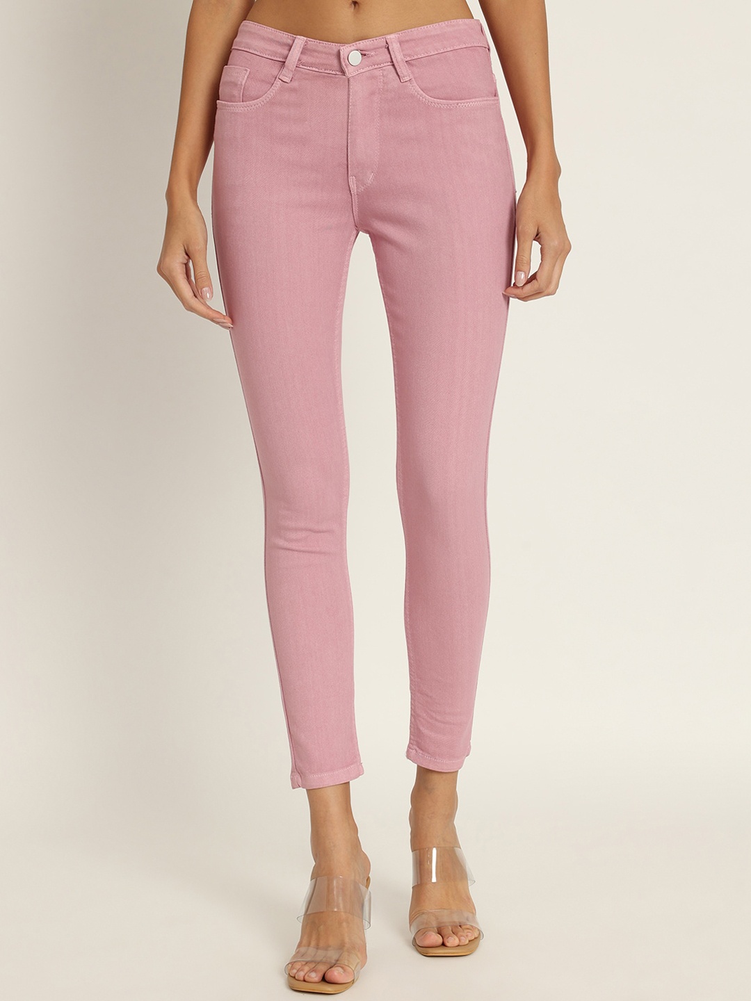 

AngelFab Women Jean Skinny Fit Mid-Rise Clean Look Stretchable Cotton Jeans, Pink
