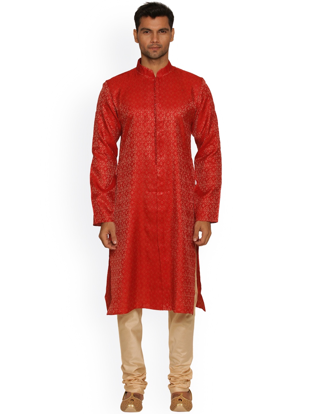 

Manyavar Men Red & Cream-Coloured Self Design Kurta with Churidar