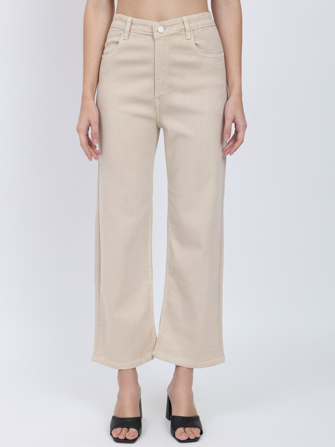

AngelFab Women Jean Straight Fit High-Rise Clean Look Stretchable Jeans, Beige