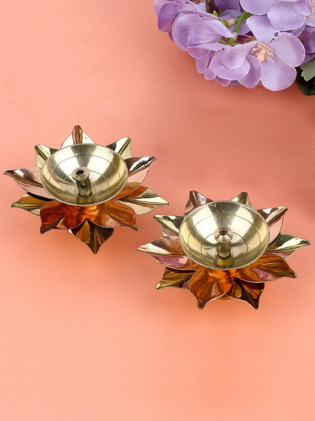 

TIED RIBBONS Gold Toned 2 Pieces Antique Lotus Akhand Brass Diyas