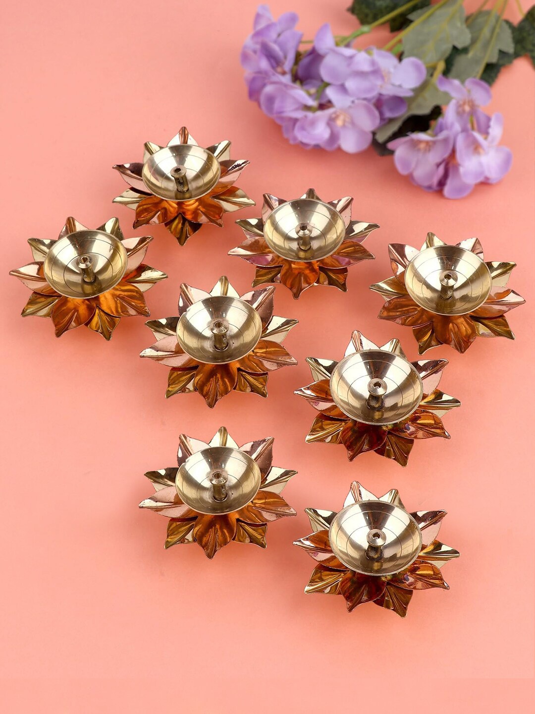 

TIED RIBBONS Gold Toned 8 Pieces Lotus Flower Shape Decorative Brass Diyas