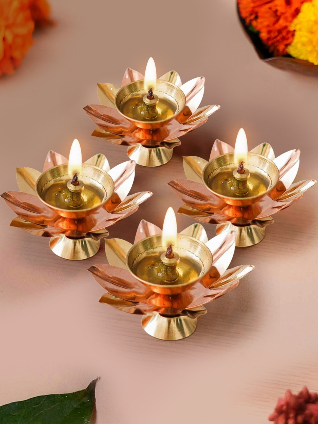 

TIED RIBBONS Gold-toned & Rose Gold-Toned 4 PiecesAntique Lotus Akhand Brass Diyas