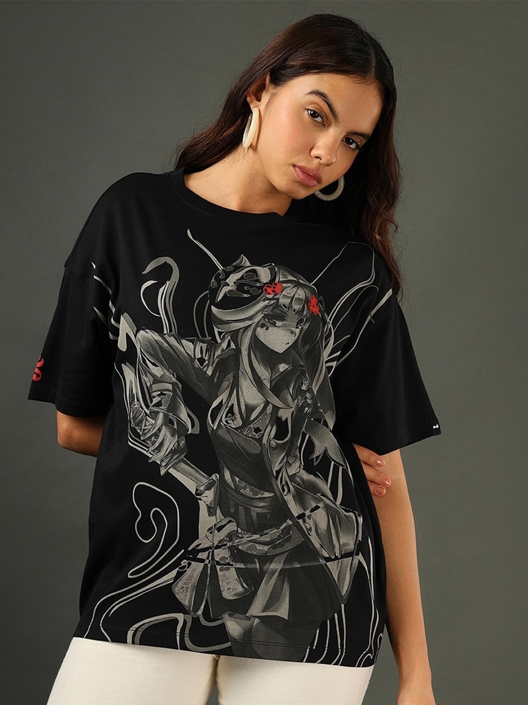 

Bewakoof Graphic Printed Oversized Fit Pure Cotton Casual T-shirt, Black