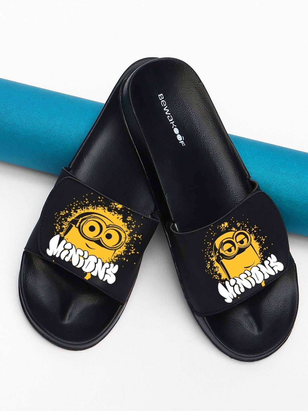 

Bewakoof Women Minions Splash Printed Adjustable Velcro Sliders, Black