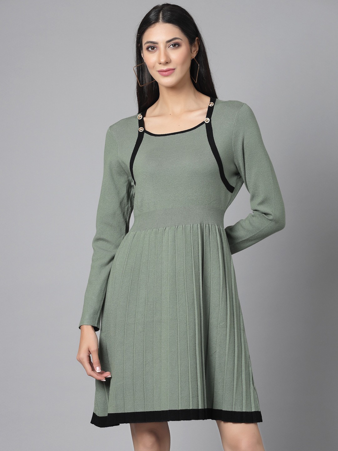 

Mafadeny Self design Fit & Flare Dress, Green