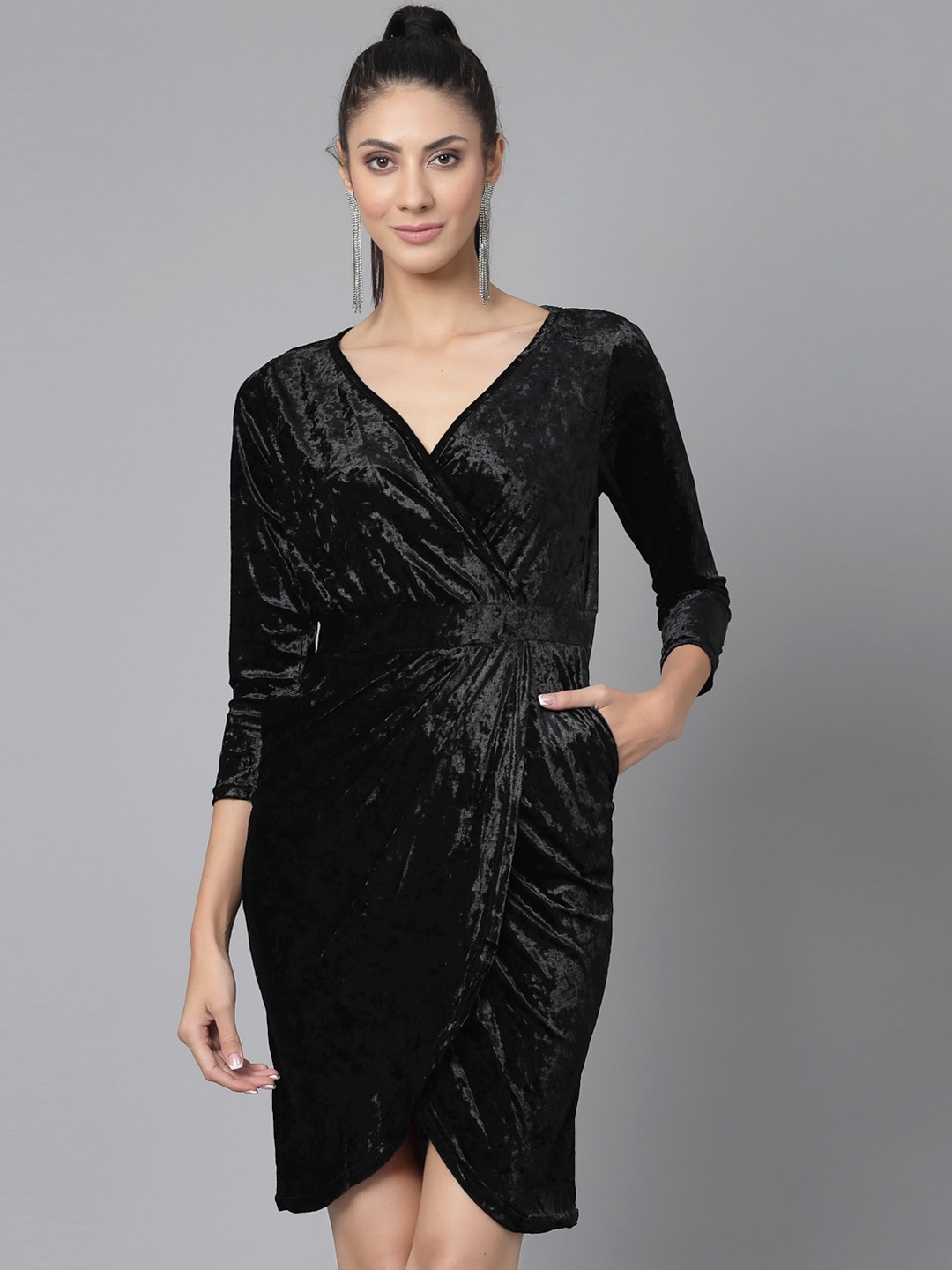 

Mafadeny V Neck Wrap Tulip Hemline Dress, Black