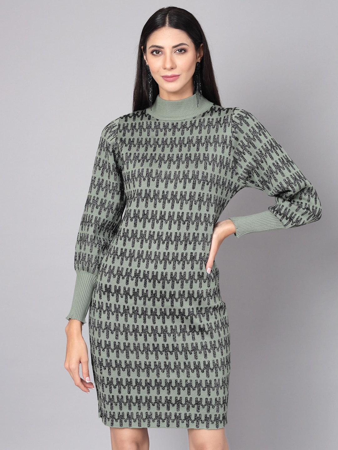 

Mafadeny Self Designed Mock Neck Sheath Dress, Green