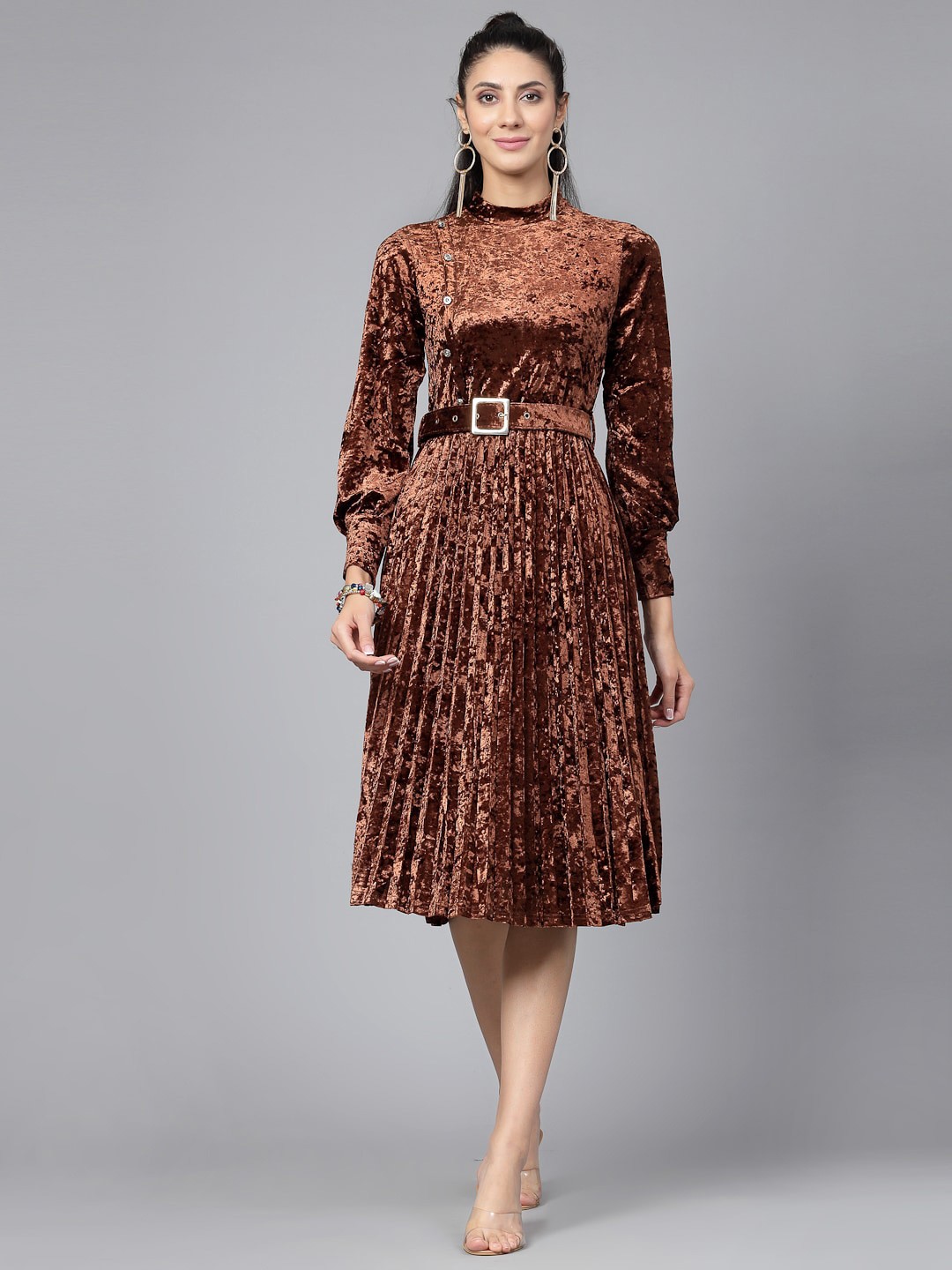 

Mafadeny Self Design Puff Sleeves Fit & Flare Dress, Brown