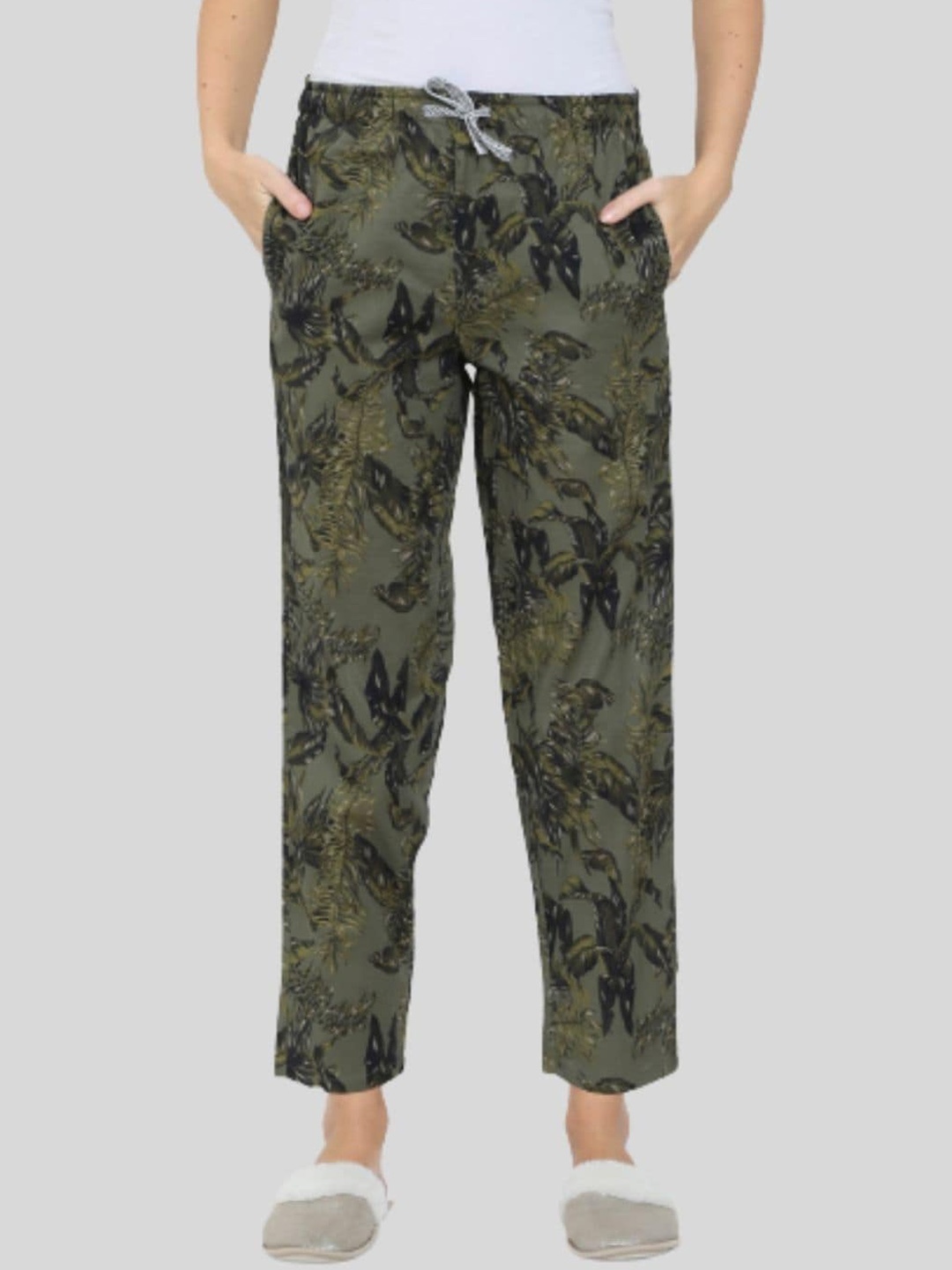 

Bareblow Women Printed Cotton Lounge Pants, Olive