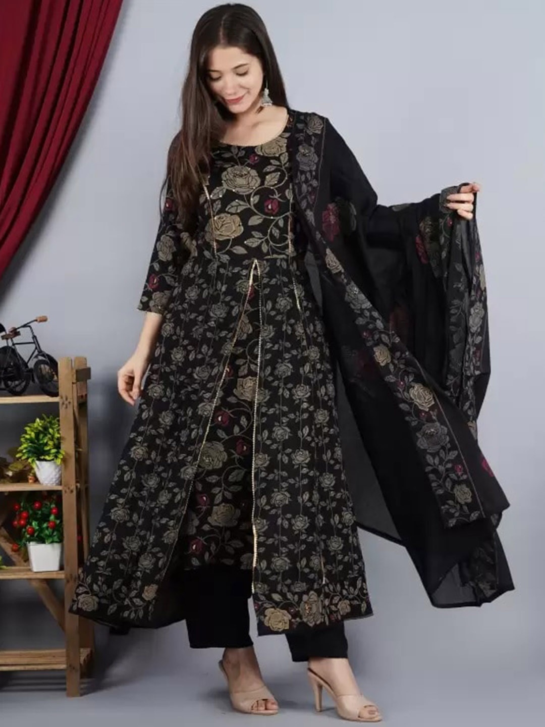 

KALINI Floral Printed Round Neck Gotta Patti Pure Cotton Kurta With Palazzos & Dupatta, Black