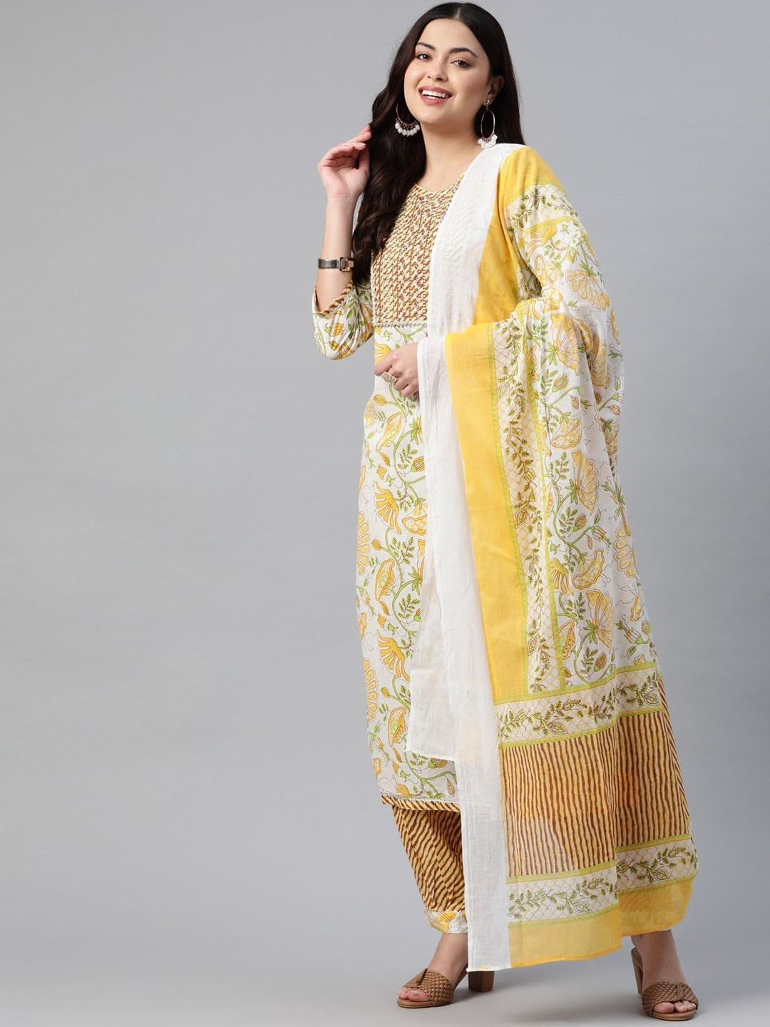 

KALINI Floral Printed Regular Thread Work Pure Cotton Kurta with Salwar & Dupatta, Yellow