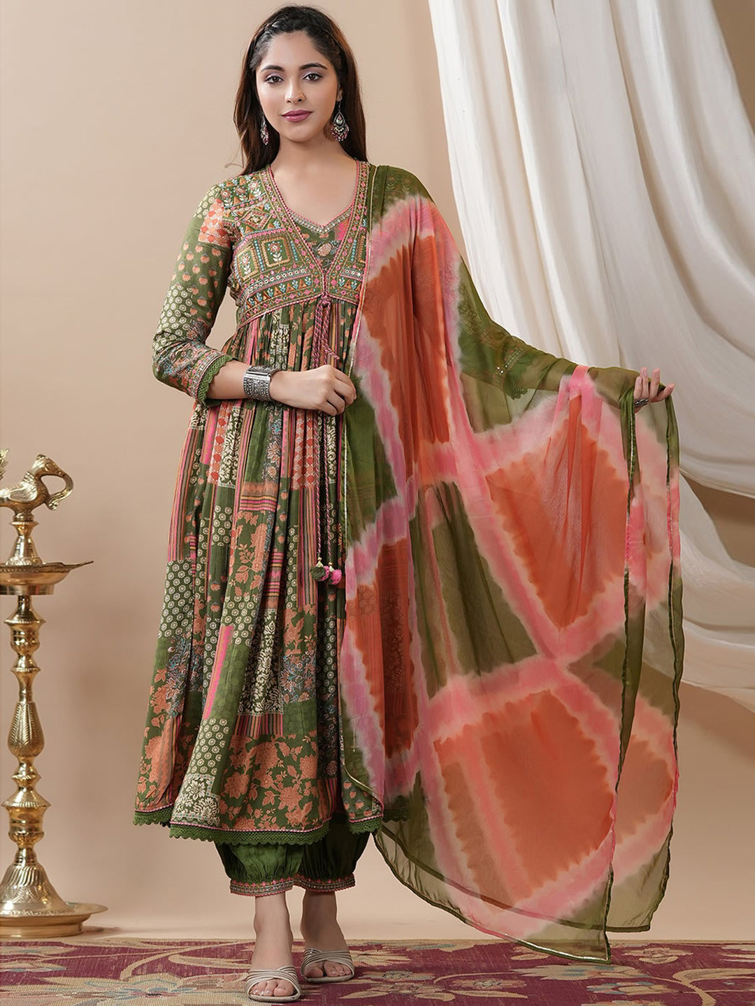 

KALINI Ethnic Motifs Printed Empire Thread Work Pure Cotton Kurta With Salwar & Dupatta, Green